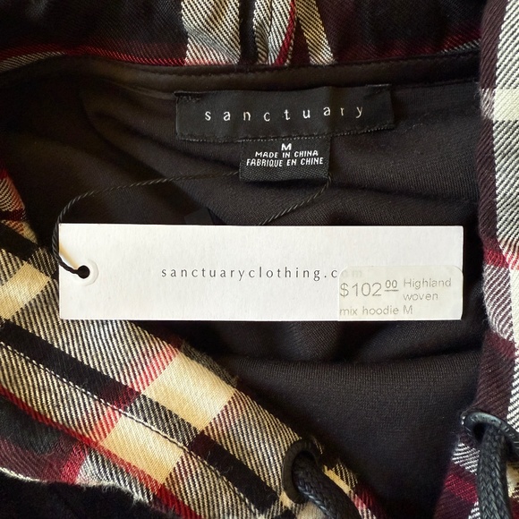 SANCTUARY VELOUR HOODIE SWEATSHIRT PLAID DETAILING PULLOVER PREPPY SCHOOL NWT M - Picture 9 of 11